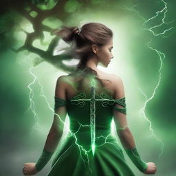 Create an extremely realistic book cover image featuring a girl with her back turned, showing only her hair and body, holding a dagger in her hand