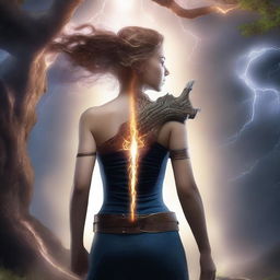 Create an extremely realistic book cover image featuring a girl with her back turned, showing only her hair and body, holding a dagger in her hand