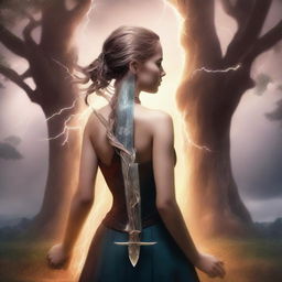 Create an extremely realistic book cover image featuring a girl with her back turned, showing only her hair and body, holding a dagger in her hand