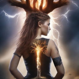 Create an extremely realistic book cover image featuring a girl with her back turned, showing only her hair and body, holding a dagger in her hand