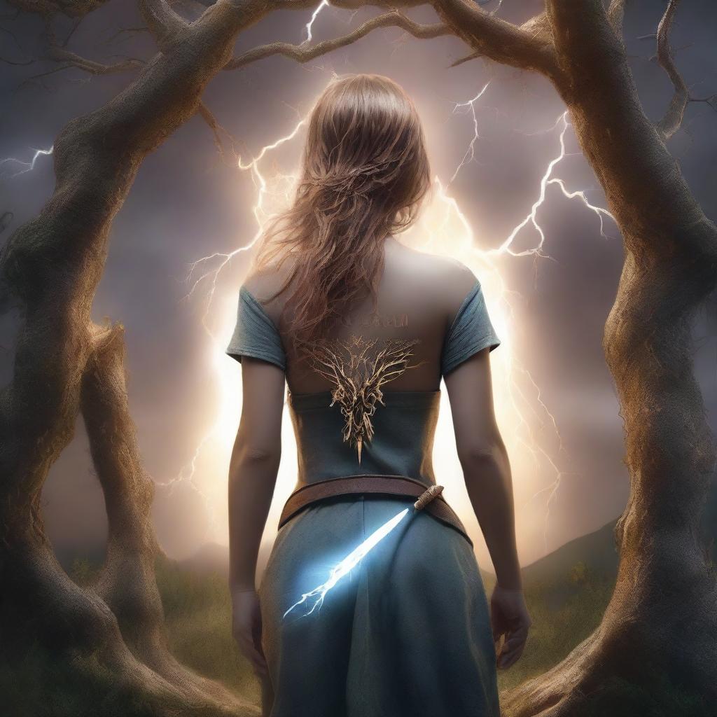 Create an extremely realistic book cover image featuring a girl with her back turned, showing only her hair and body, holding a dagger in her hand