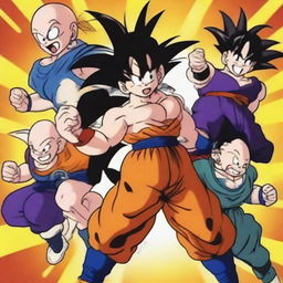 Create an image featuring characters from the Dragon Ball universe, showcasing their iconic poses and vibrant energy blasts in a dynamic battle scene