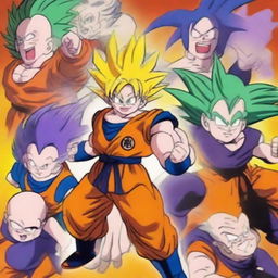 Create an image featuring characters from the Dragon Ball universe, showcasing their iconic poses and vibrant energy blasts in a dynamic battle scene