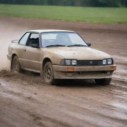 The previously described drift car, now caked in layers of mud and dust from an intense day on the track. The wear and tear tell a story of adrenaline-filled drifting experiences.