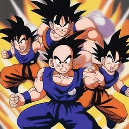 Create an image featuring characters from the Dragon Ball universe, showcasing their iconic poses and vibrant energy blasts in a dynamic battle scene