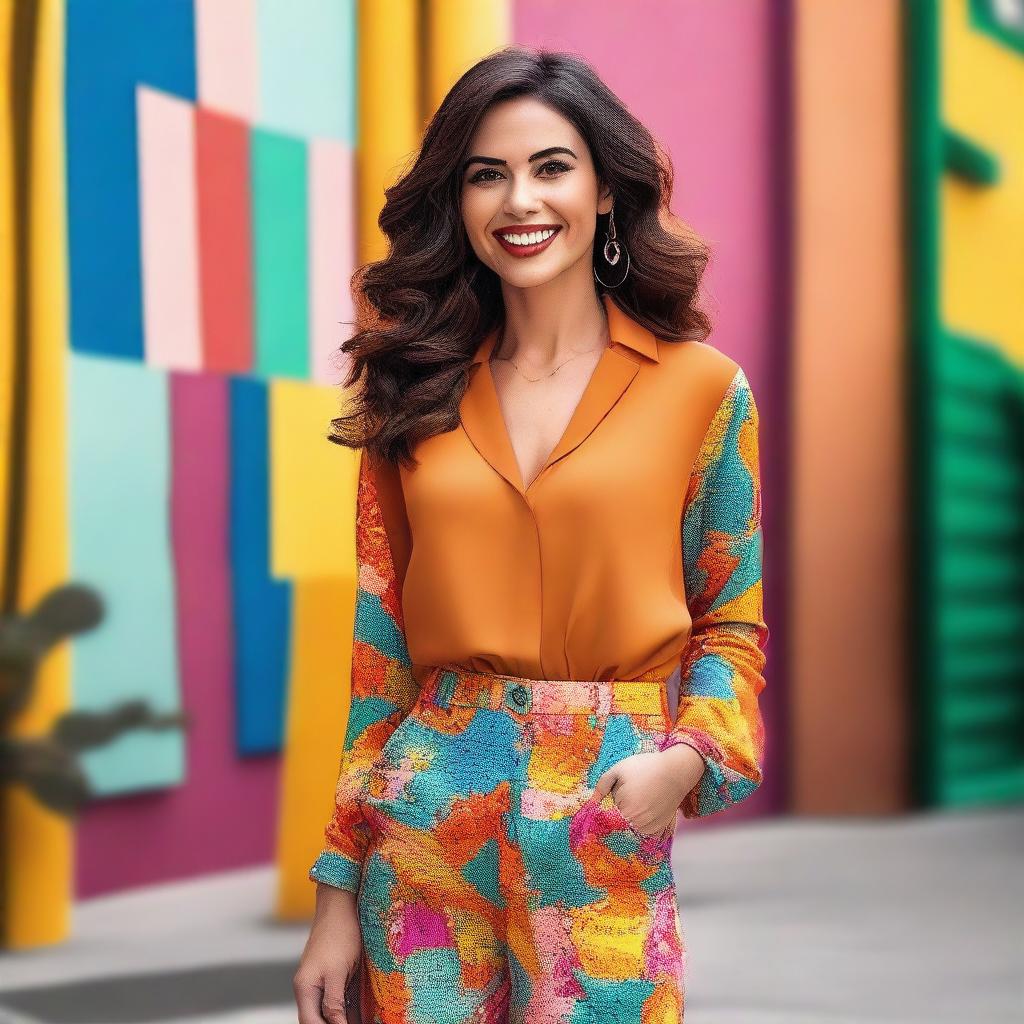 A beautiful woman in a stylish outfit, posing confidently with a charming smile