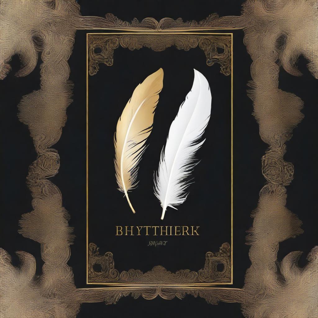 A book cover without any words, featuring a dark background with a golden white feather imprint in the center