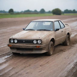 The previously described drift car, now caked in layers of mud and dust from an intense day on the track. The wear and tear tell a story of adrenaline-filled drifting experiences.