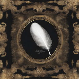 A book cover without any words, featuring a dark background with a golden white feather imprint in the center