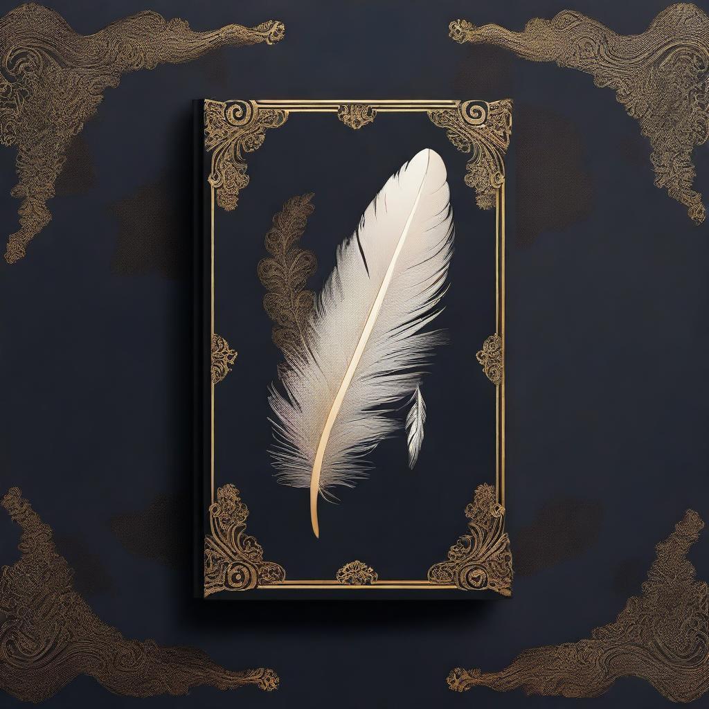 A book cover without any words, featuring a dark background with a golden white feather imprint in the center