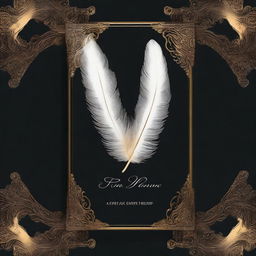 A book cover without any words, featuring a dark background with a golden white feather imprint in the center