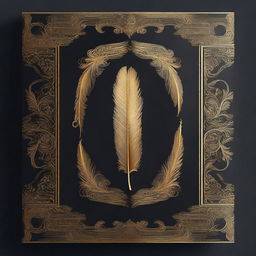 A book cover without any words, featuring a dark background with a golden feather imprint in the center