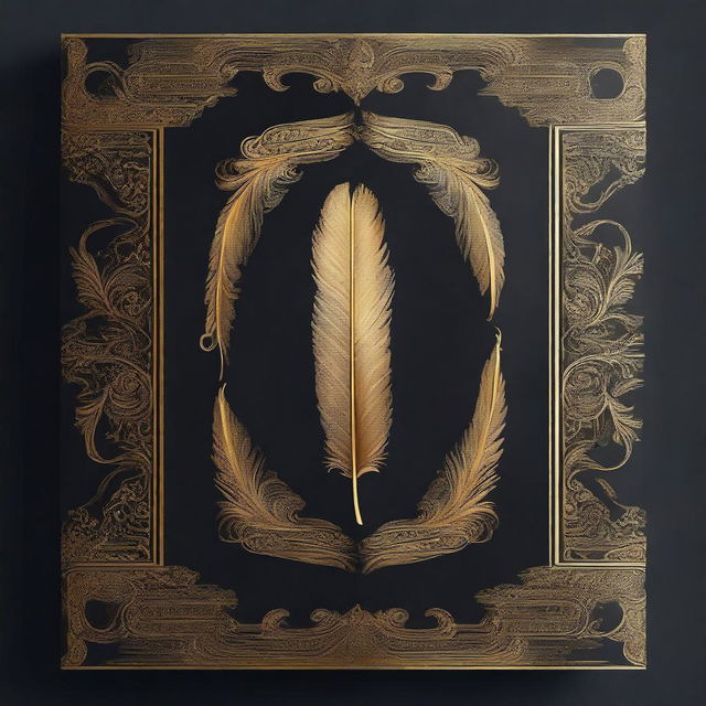 A book cover without any words, featuring a dark background with a golden feather imprint in the center