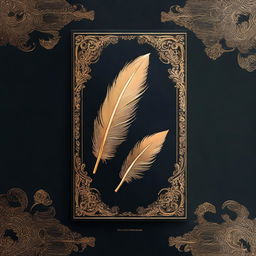 A book cover without any words, featuring a dark background with a golden feather imprint in the center