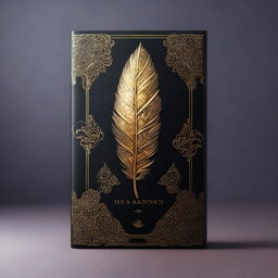 A book cover without any words, featuring a dark background with a golden feather imprint in the center