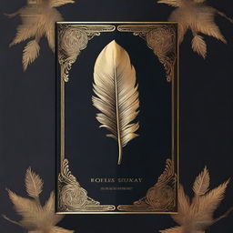 A book cover without any words, featuring a dark background with a golden feather imprint in the center