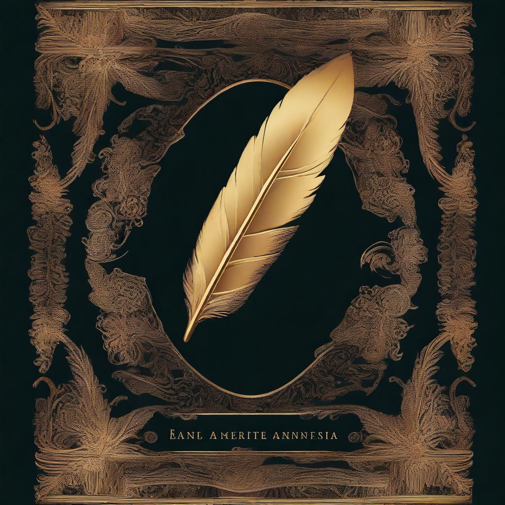 A book cover without any words, featuring a dark background with a golden feather imprint in the center