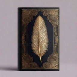 A book cover without any words, featuring a dark background with a golden feather imprint in the center