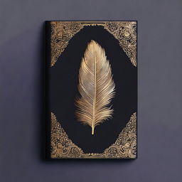 A book cover without any words, featuring a dark background with a golden feather imprint in the center