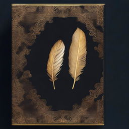 A book cover without any words, featuring a dark background with a golden feather imprint in the center