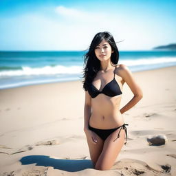 A beautiful woman with black hair wearing a sexy bikini, posing confidently on a beach