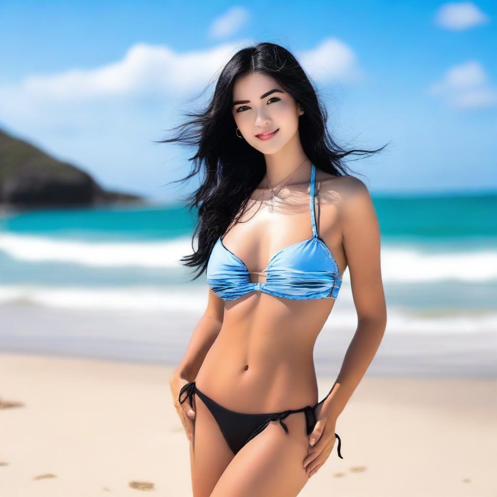 A beautiful girl with black hair wearing a sexy bikini, posing confidently by the beach