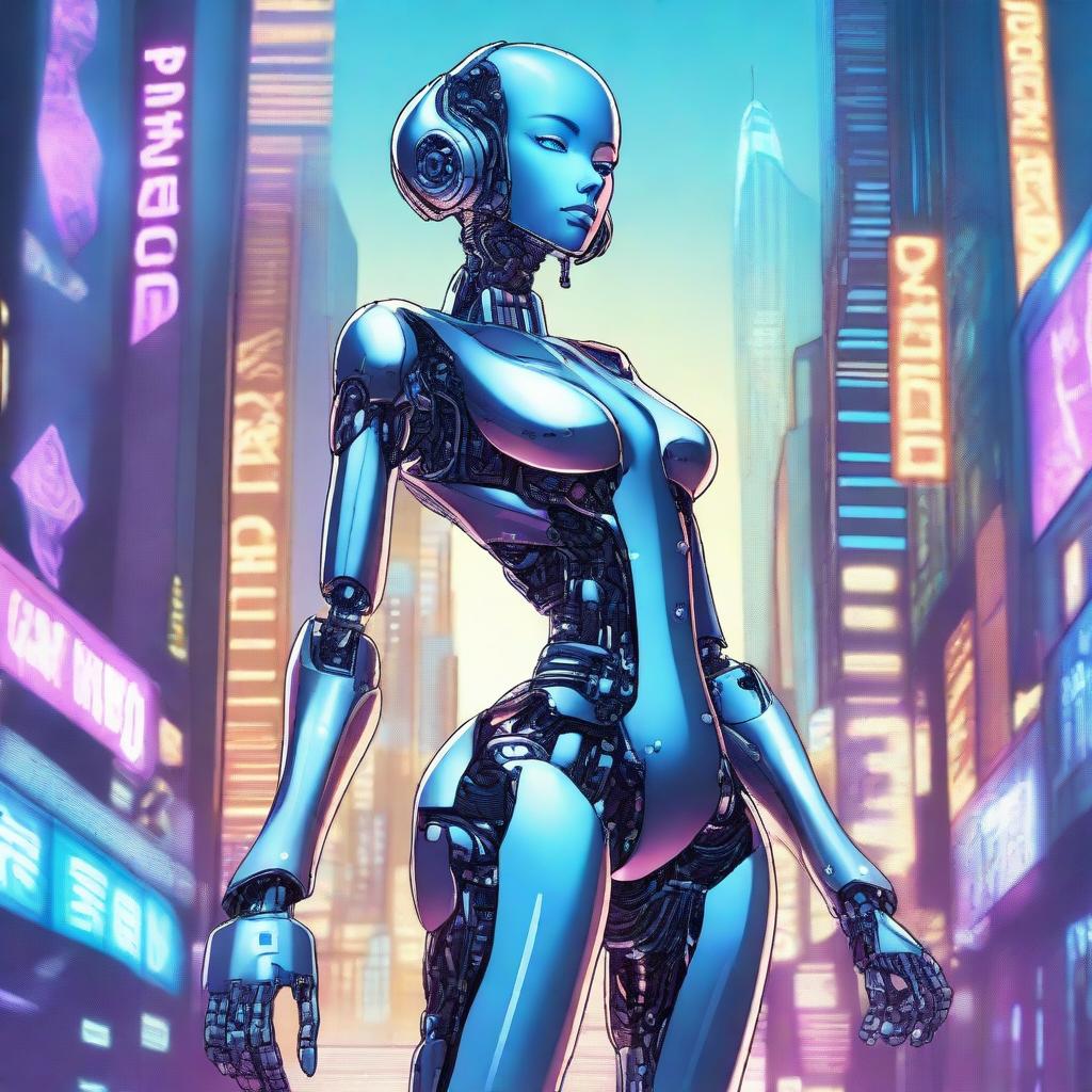 A detailed illustration of a tall robot girl with a petite body