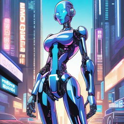 A detailed illustration of a tall robot girl with a petite body