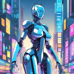 A detailed illustration of a tall robot girl with a petite body