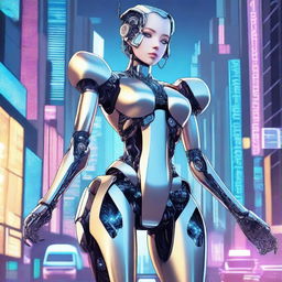 A detailed illustration of a tall robot girl with a petite body