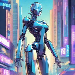 A detailed illustration of a tall robot girl with a petite body