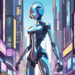 A detailed illustration of a tall robot girl with a petite body