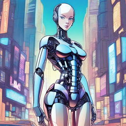 A detailed illustration of a tall robot girl with a petite body