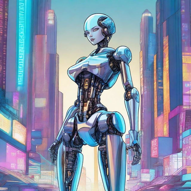 A detailed illustration of a tall robot girl with a petite body