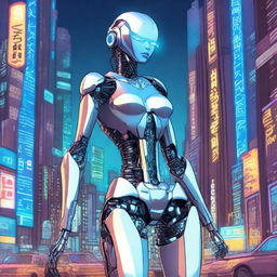 A detailed illustration of a tall robot girl with a petite body