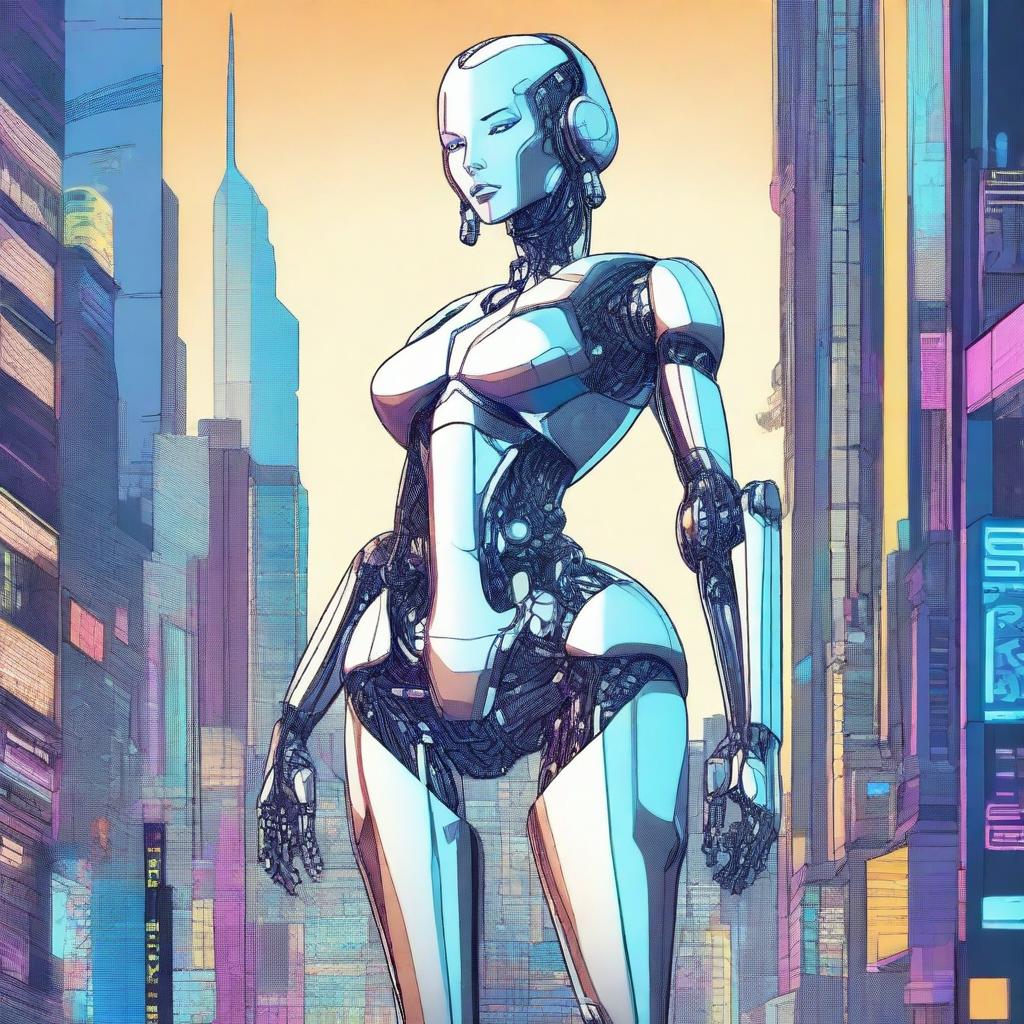 A detailed illustration of a tall robot girl with a petite body