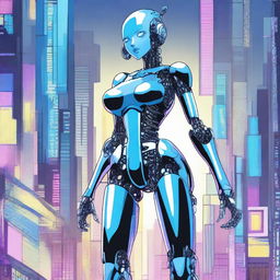 A detailed illustration of a tall robot girl with a petite body