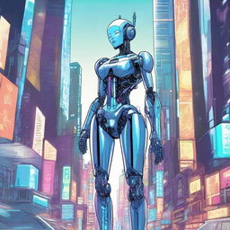 A detailed illustration of a tall robot girl with a petite body