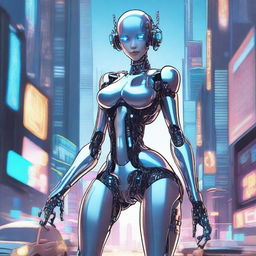 A detailed illustration of a tall robot girl with a petite body