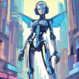 A detailed illustration of a tall robot girl with a petite body