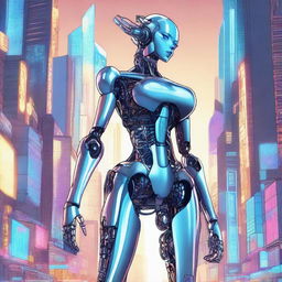 A detailed illustration of a tall robot girl with a petite body