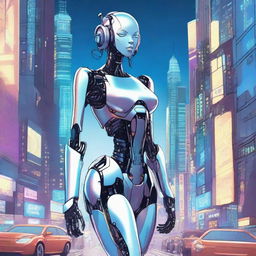 A detailed illustration of a tall robot girl with a petite body