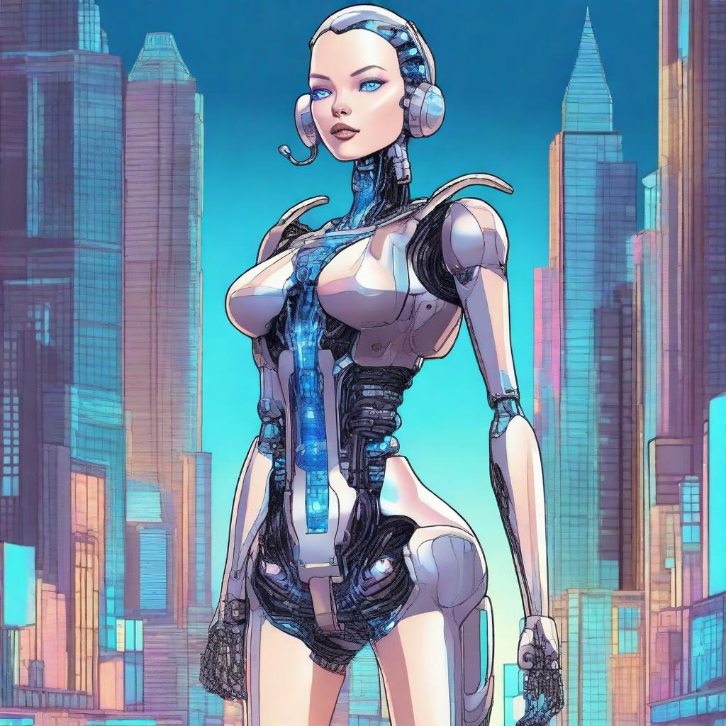 A detailed illustration of a tall robot girl with an hourglass figure