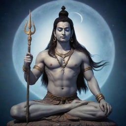 Lord Mahadev, also known as Shiva, depicted in an epic, ethereal setting with a trident, third eye and crescent moon over his hair, meditating in absolute serenity