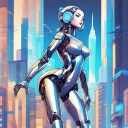 A detailed illustration of a tall robot girl with an hourglass figure