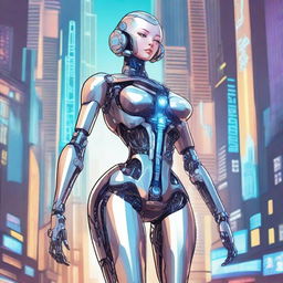 A detailed illustration of a tall robot girl with an hourglass figure