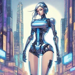 A detailed illustration of a tall robot girl with an hourglass figure