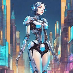 A detailed illustration of a tall robot girl with an hourglass figure