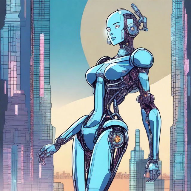 A detailed illustration of a tall robot girl with an hourglass figure