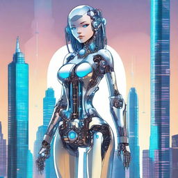 A detailed illustration of a tall robot girl with an hourglass figure